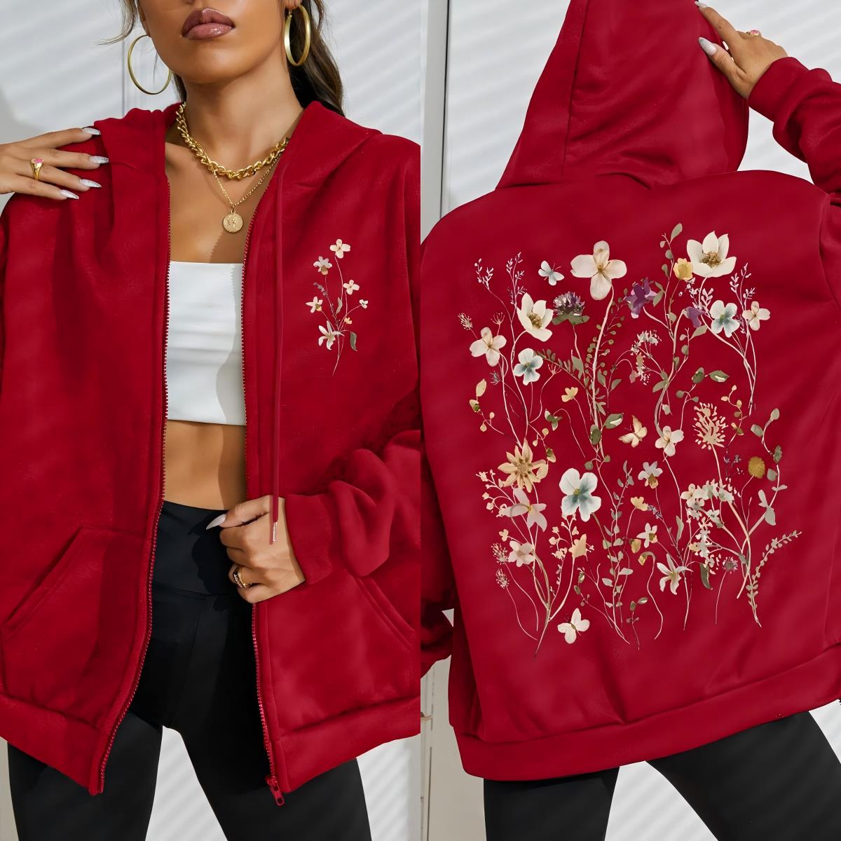 Plant Parent Hoodie - Beautiful Flower Clusters Printing Women Zipper